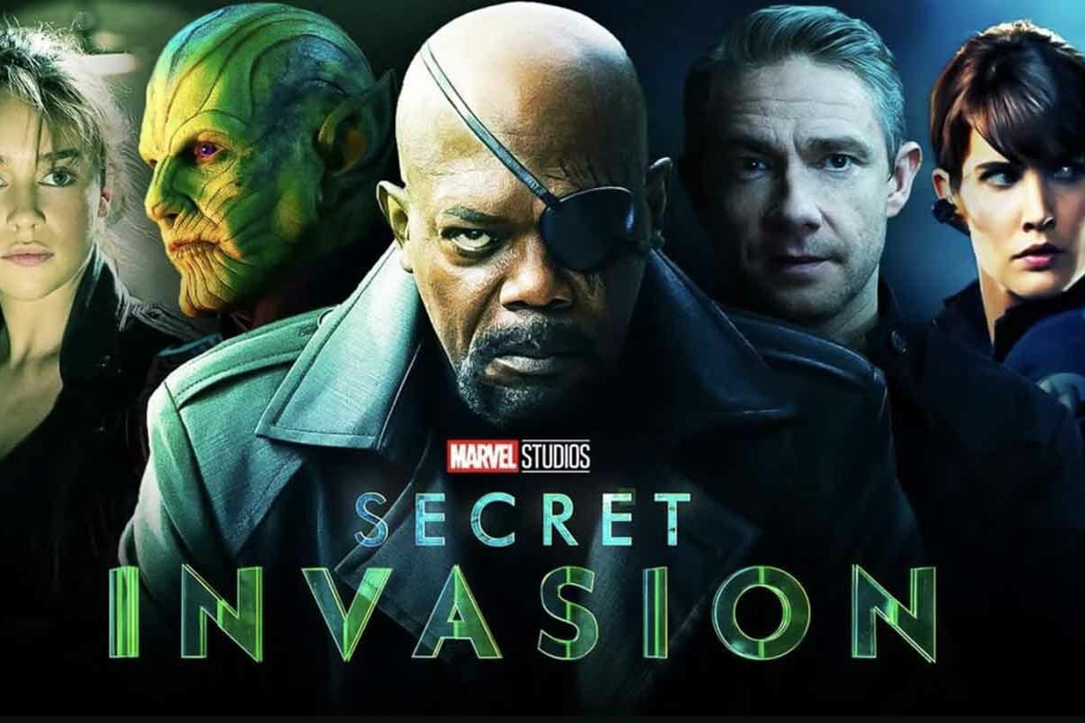 Poster promocional de la serie Secret Invasion con Nick Fury y los demás personajes secundarios.